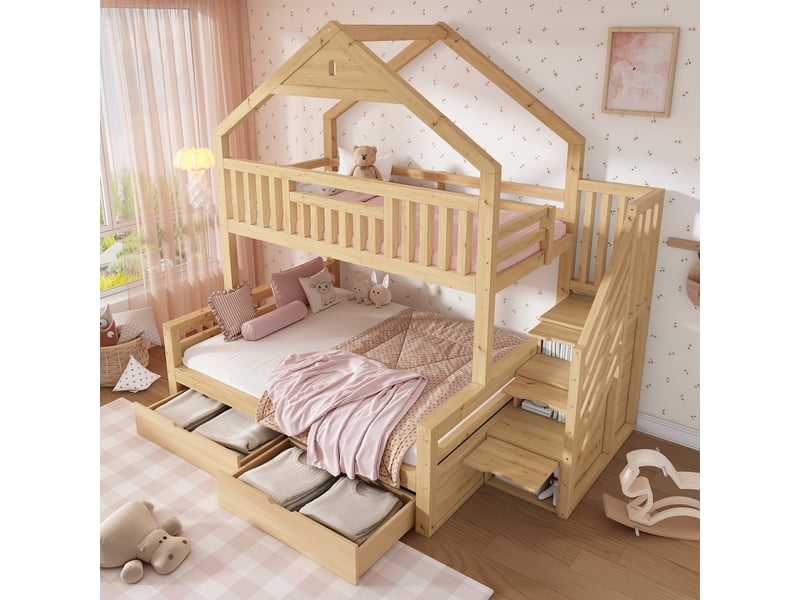  Lit superposé cabane 90x200 et 140x200 cm chêne avec escalier Fay Lum - Conforama B