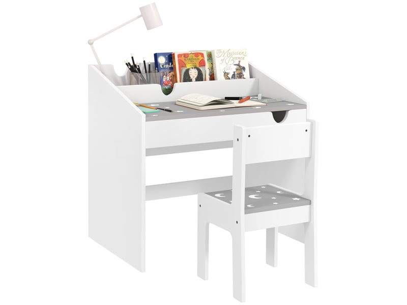  Ensemble bureau et chaise pour enfants, avec rangement, tiroir coulissant, pour les 3-6 ans, motif étoilé - gris  - Conforama A