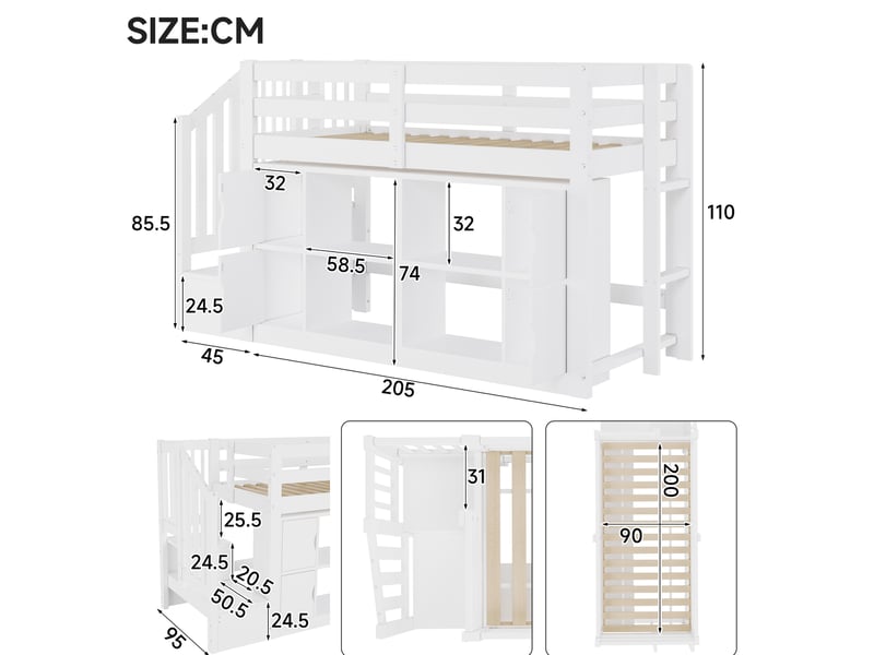 Lit mezzanine 90x200 cm blanc mdf et bois, bibliothèque, placards, escalier de rangement et éclairage led  - Conforama C