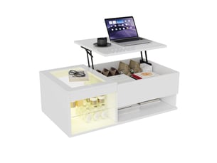 Table basse relevable led - 100 x 55 x 35 cm-blanc - table de salon haute brillance avec éclairage rgb, compartiment et étagère