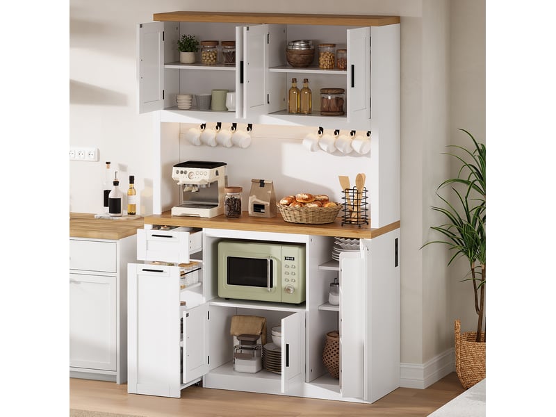  Buffet haut de cuisine 120x40x182 cm avec led rgb, 2 prises, 2 usb, 3 tiroirs, étagères réglables, crochets, rangement de porte, blanc et bois naturel  - Conforama C
