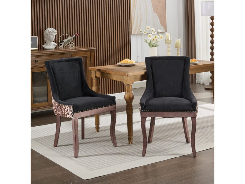  Lot de 2 chaises de salle à manger en tissu imprimé léopard pieds en bois massif clous bronze  - Conforama D