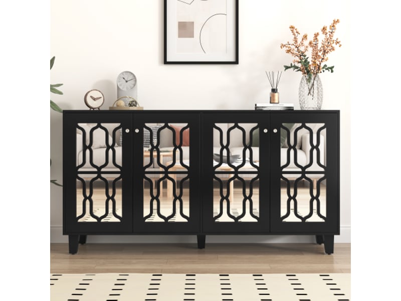  Buffet miroir 160x40x84cm, avec poignées en cristal froid, 4 portes, avec étagères réglable, mdf noir  - Conforama B