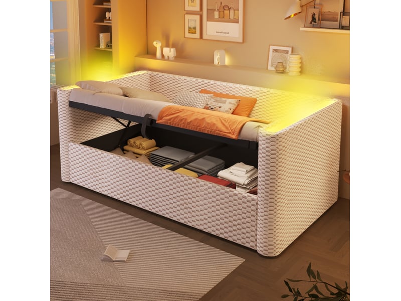  Lit enfant 90 x 200 cm avec rangement, led multicolore, sommier à lattes, moderne confort velours beige sans matelas  - Conforama R