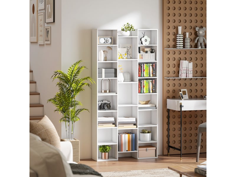  Bibliothèque, étagère à livres, étagère de rangement, 21 compartiments et 10 étagères réglables, 89,5x23,5x181cm, blanc  - Conforama D