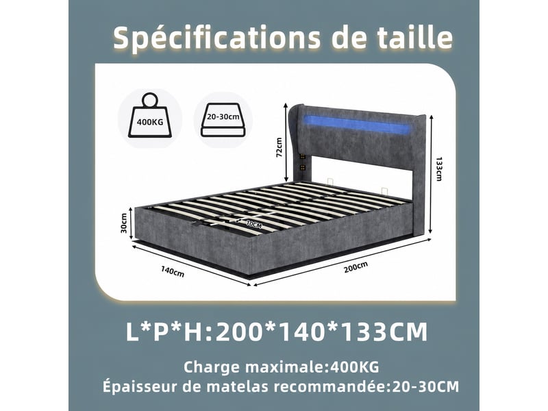  Lit rembourré 140 × 200 cm 2 places avec led réglable, tête de lit ajustable, sans matelas, tissu gris  - Conforama D