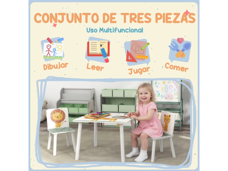  Ensemble table et chaises pour enfants 3 pièces, table et 2 chaises en pin pour enfants de 3 ans et plus, 60 x 60 x 44 cm, vert  - Conforama E