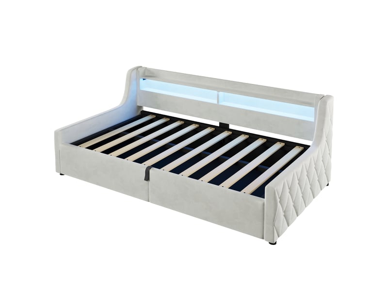  Lit coffre beige 90x200 cm en velours avec relevage hydraulique, tête de lit à led multicolores et rangement sous sommier  - Conforama A