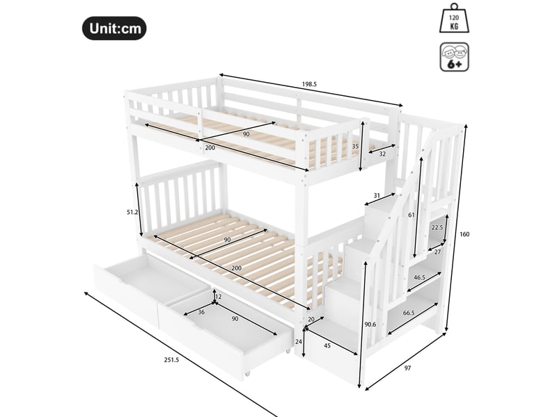 Lit superposé enfant 90 x 200 cm avec escalier, 2 tiroirs et garde-corps blanc  - Conforama C
