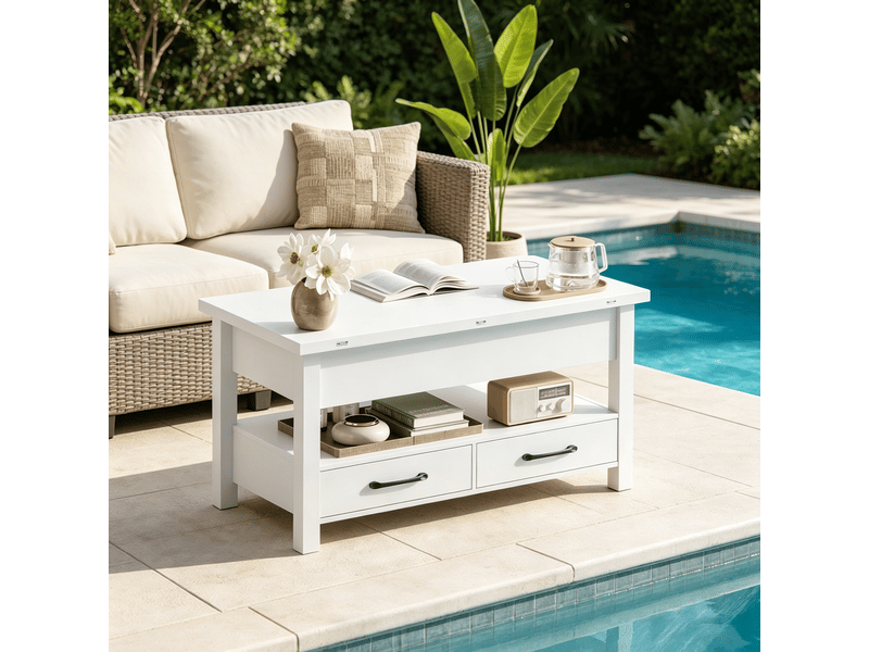  Table basse relevable blanche et extensible avec tiroirs, 100x50,5 cm  - Conforama B