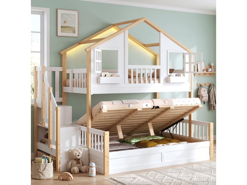  Lit superposé 90 × 200 et 140 × 200 cm 3 places avec coffre hydraulique, escalier de rangement et led, sans matelas  - Conforama C
