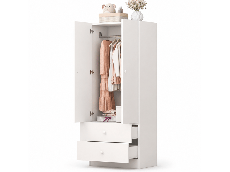  Armoire 70x40x170 cm, 2 portes avec 2 grands tiroirs et tringle, structure en mdf, meuble de chambre, couleur blanc  - Conforama A