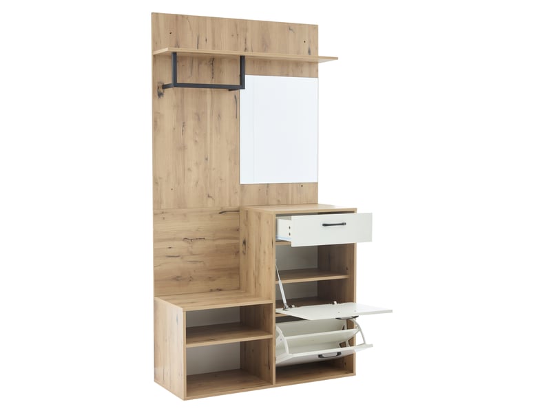 Vestiaire d'entrée avec banc à chaussures et miroir, meuble de couloir compact 100cm, porte-manteau blanc et bois, rangement gain de place - Conforama R