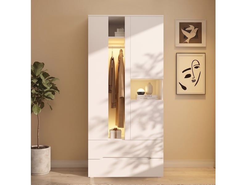 Armoire 90x50x200 cm 3 portes avec led, 2 tiroirs et penderie blanc - Conforama B