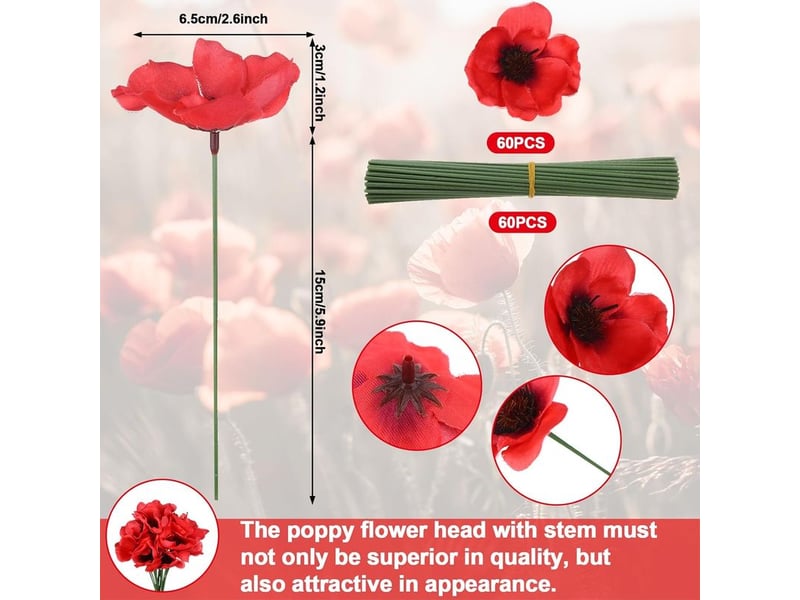  Lot de 60 fleurs de coquelicot artificielles rouges, fausses fleurs pour la fête des morts, coquelicots pour la tête, fleurs sauvages artificielles avec branche de fleur pour bouquet du jour  - Conforama B