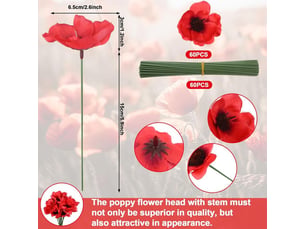 Lot de 60 fleurs de coquelicot artificielles rouges, fausses fleurs pour la fête des morts, coquelicots pour la tête, fleurs sauvages artificielles avec branche de fleur pour bouquet du jour