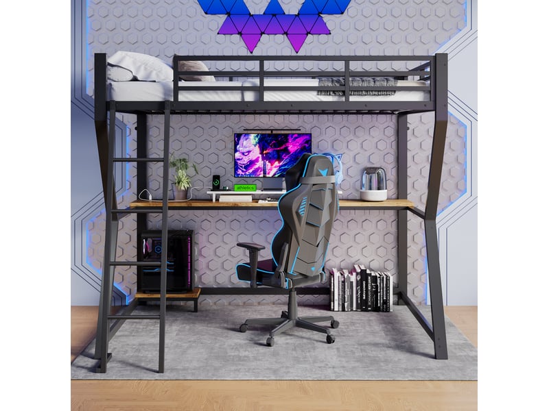 Lit mezzanine 90 x 200 cm avec bureau, led, prises usb et étagère pc noir - Conforama E