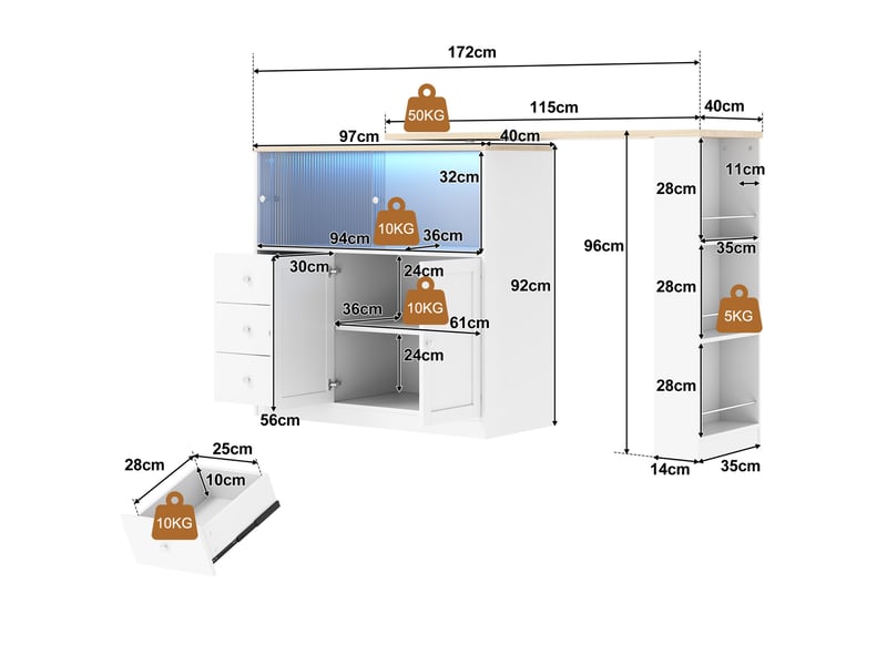  Îlot de cuisine 172x40x96 cm avec plateau pivotant, rangements et led blanc  - Conforama C
