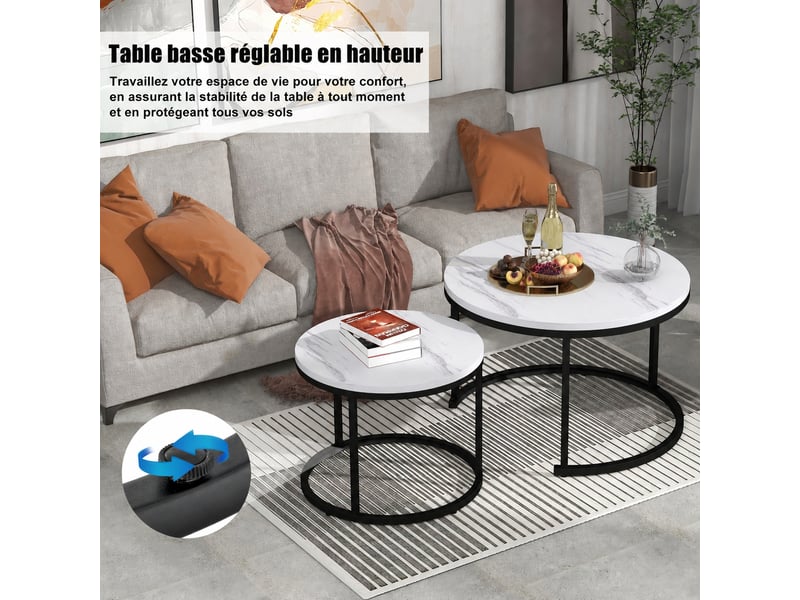 Lot de 2 tables basses rondes gigognes, plateaux mdf et structure métal, effet marbre blanc - Conforama D