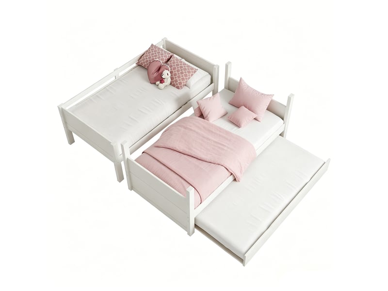 Lit superposé bois 90 x 200 cm blanc avec lit tiroir extensible, séparable en 2 lits simples, garde-corps, échelle et sommiers à lattes - Conforama A