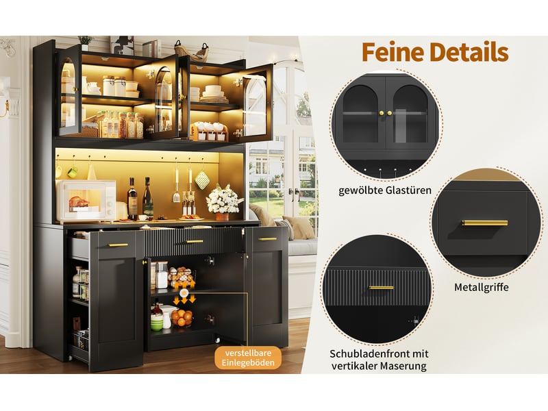 Buffet haut de cuisine, coloris noir, 120 × 40 × 187 cm, mdf, métal et verre, led rgb pilotable par application - Conforama E