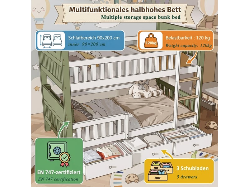  Lit superposé enfant 90 x 200 cm blanc et vert, échelle, garde-corps, étagère et 3 tiroirs  - Conforama E