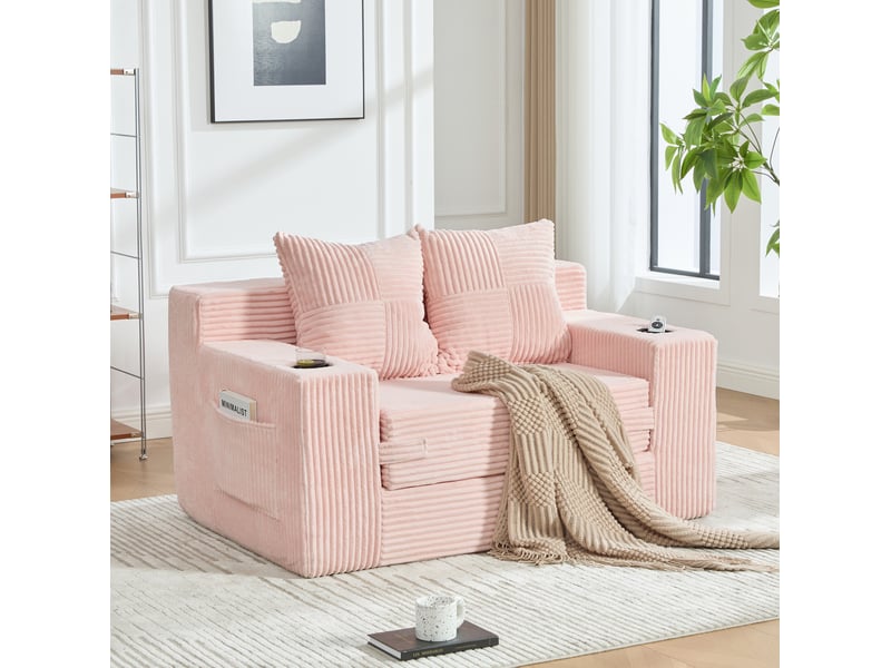  Canapé-lit 2 places 151x133x64 cm convertible, poches latérales, porte-gobelet, velours côtelé rose sans matelas  - Conforama B