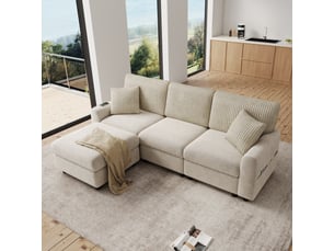 Canapé beige avec pouf, 2 coussins carrés et ports usb-c, canapé en chenille et velours côtelé de 223 cm pour salon
