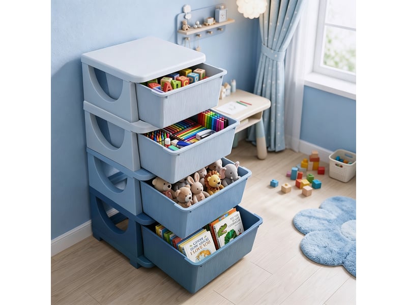  Tour de rangement pour enfants avec 4 tiroirs, pour enfants de 3 ans et plus, bords arrondis et poignées, 37 x 37 x 76 cm, bleue  - Conforama C