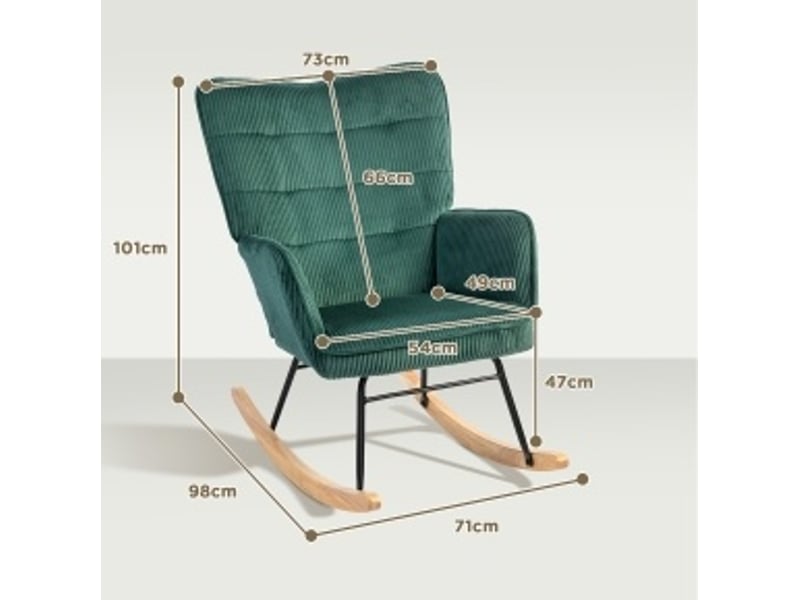 Fauteuil à bascule rembourré avec dossier haut incliné et accoudoirs, en velours côtelé polyester vert foncé - Conforama C