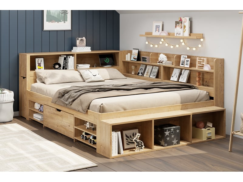 Lit enfant 140x200 cm avec sommier à lattes bois clair contreplaqué rangement tiroirs étagères armoire charge sans fil sans matelas Sol Morn - Conforama E