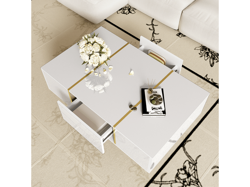  Table basse 100x60x41.5cm, table salon avec 2 tiroirs de rangement, pied en métal, meuble salon, mdf, brillant blanc  - Conforama D