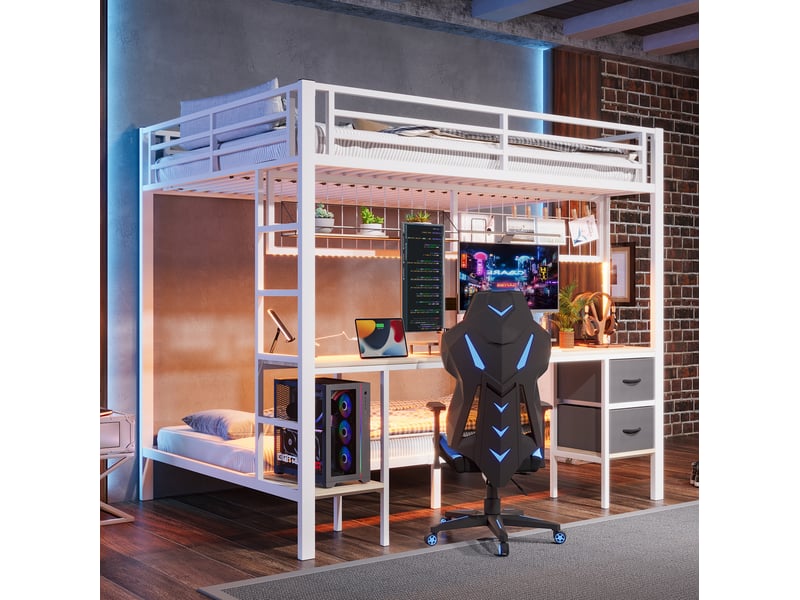  Lit mezzanine enfant 140 x 200 cm avec bureau, rangements et led, blanc  - Conforama E