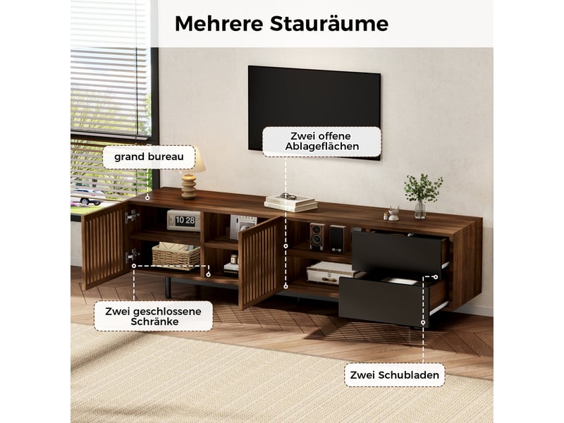  Meuble tv bas 160 cm en mdf, portes à lames, tiroirs et niches ouvertes, rangement salon avec passage câbles, design noyer et noir - noyer  - Conforama E
