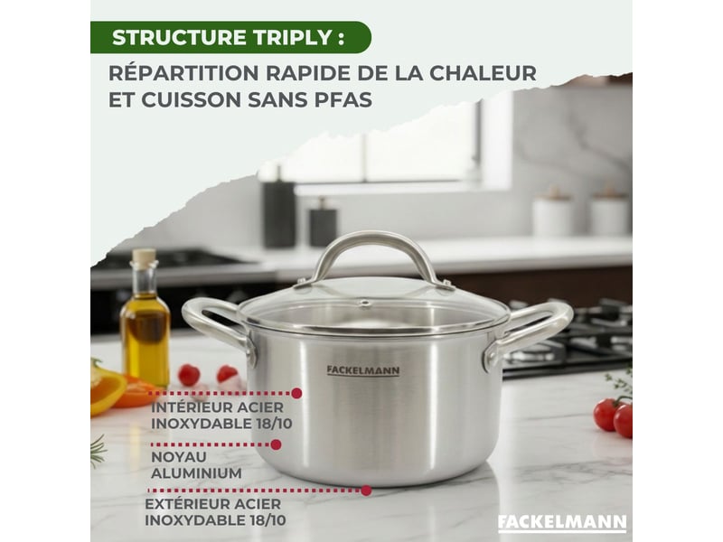 Faitout 20 cm en inox 1810 triply fackelmann vita3 66221 - Conforama E