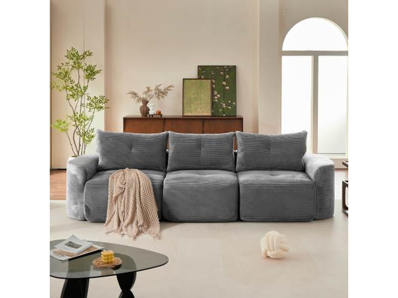  Canapé modulable 3 places 279 x 100 x 84 cm style wabi-sabi avec module 1 place amovible, relief côtelé et formes arrondies, velours côtelé, gris OMNIGLINT TRADING LTD - Conforama B