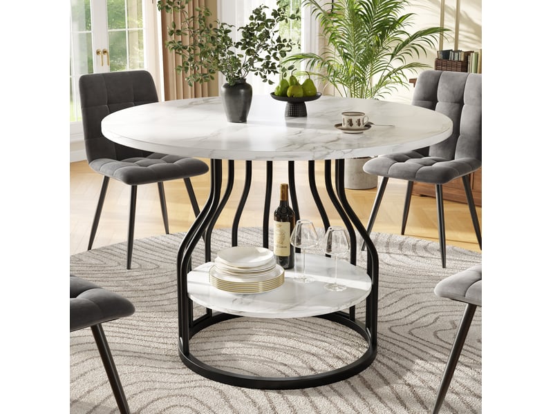 Table à manger ronde 4 places 80 x 80 x 76 cm, compartiment de rangement central, couleur noir, plateau en fibres de bois à l'aspect marbré  - Conforama B