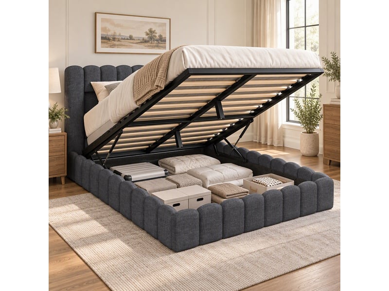 Lit coffre 2 places 180x200 cm, lit adulte avec rangement, compartiment, led, design simple, port usb, tissu lin gris - Conforama B