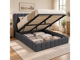 Lit coffre 2 places 180x200 cm, lit adulte avec rangement, compartiment, led, design simple, port usb, tissu lin gris