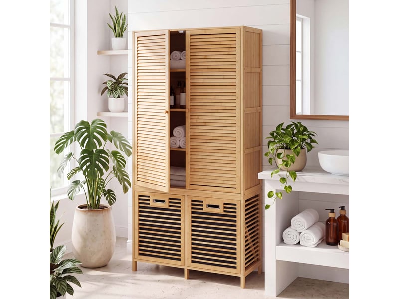  Armoire de salle de bains en bambou hwc-n83, étagère de salle de bains, 2 paniers à linge, portes mvg 168 x 82 x 34 cm - naturel, panier anthracite  - Conforama B