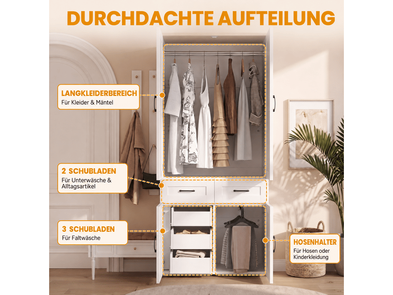  Armoire,90x50x200 cm,4 portes avec 5 tiroirs et 2 tringles,mdf,blanc  - Conforama E