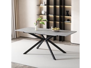 Table à manger extensible gris et noir effet ciment, design pieds croisés, automatique l150180x70x76 cm