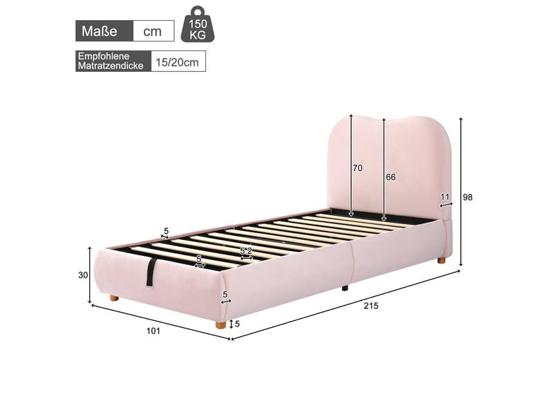  Lit rembourré pour enfant 90 × 200 cm, rangement hydraulique, avec sommier, tête de lit, tête de lit rembourrée, velours, rose  - Conforama C