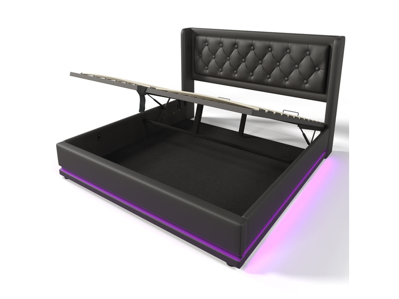  Lit coffre double 140 x 200 cm noir en pu avec matelas, led et ports usbusb-c  - Conforama A