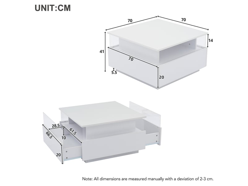  Table basse - carrée - blanc brillant - avec 2 tiroirs et compartiment - eclairage led - 70x70x41 cm  - Conforama C
