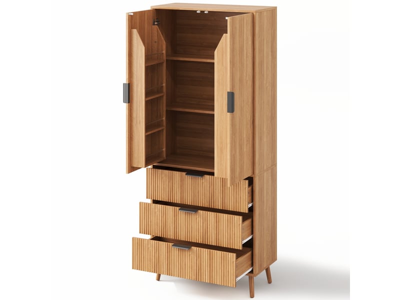 Armoire de cuisine 2 portes et 3 tiroirs 75x35x180 cm en mdf naturel - Conforama R