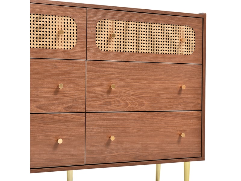  Commode à 6 tiroirs dont 2 à façade en rotin, effet noyer, poignées et pieds en métal doré, 120 × 40 × 90 cm  - Conforama E