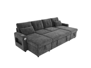 Canapé d'angle panoramique convertible <strong></strong> <strong>Morn Vibe</strong> 4 places Tissu gris avec coffre de rangement