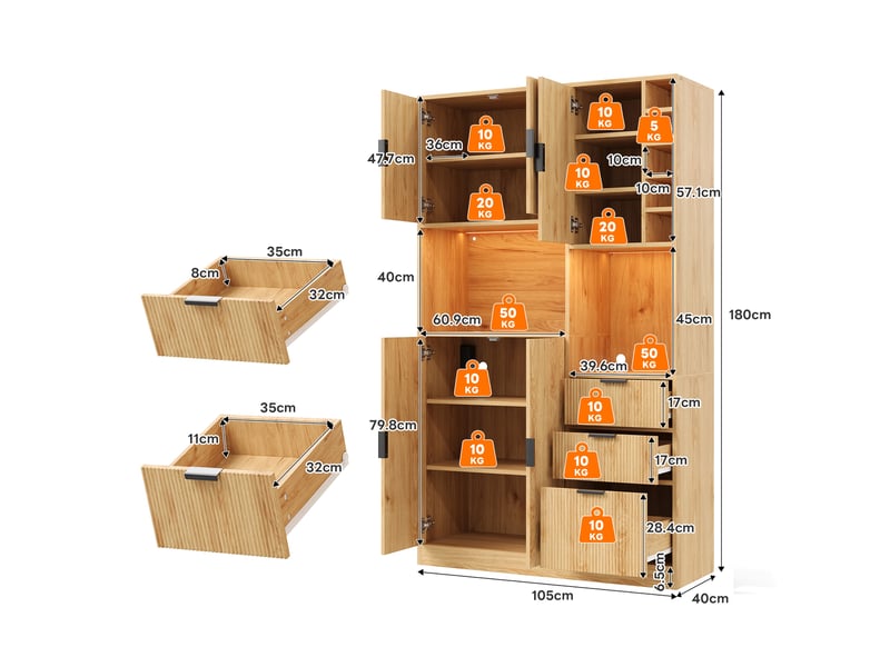 Buffet - 105x40x180 cm - meuble de rangement avec station de charge, éclairage led connecté, tiroirs et casier à vin - naturel  - Conforama E