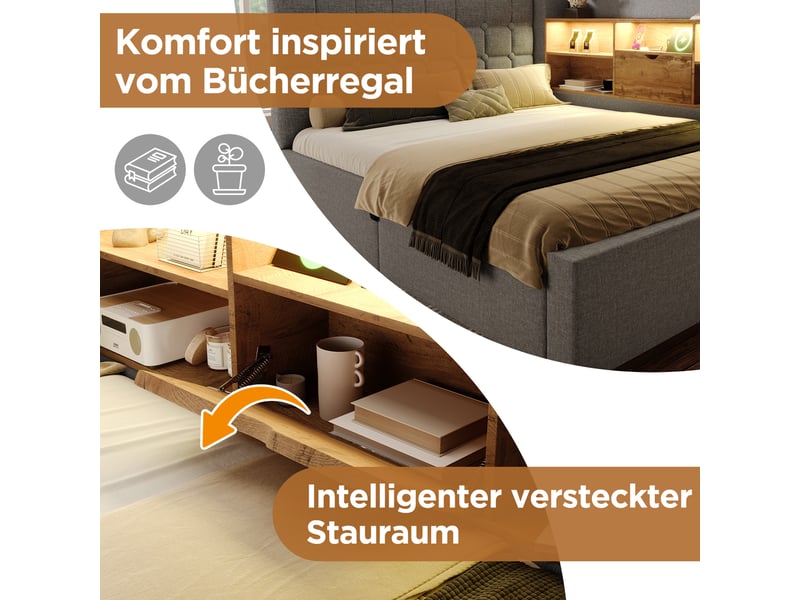 Lit gigogne 90x200 cm avec rangement et led intégré - tête de lit en l, ports usb, lin gris  - Conforama W